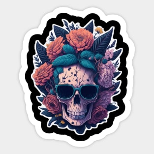 Skull with glasses and flowers Sticker